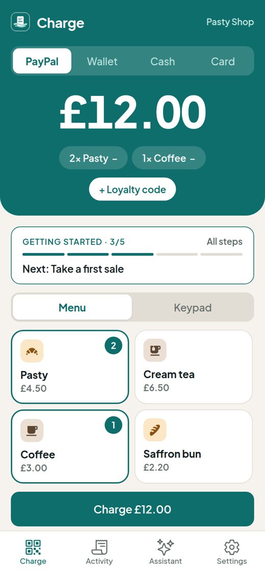 The Tilltide till: a £12.00 basket of two pasties and a coffee, ready to charge on PayPal