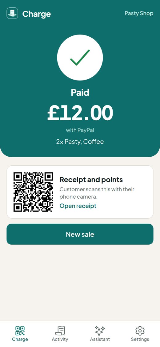 The Paid screen with a receipt QR code