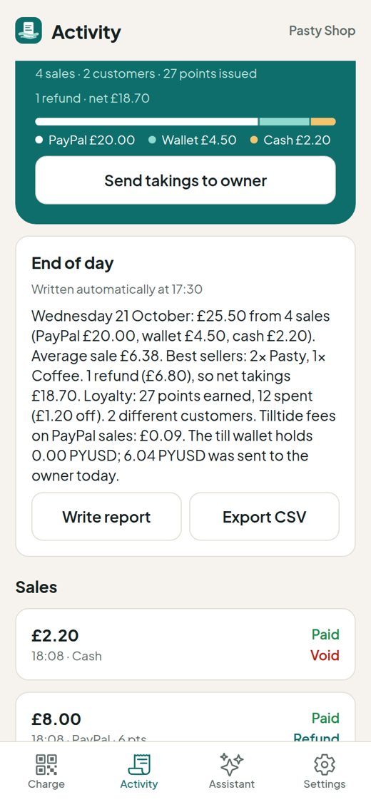 Today's takings and the end-of-day report